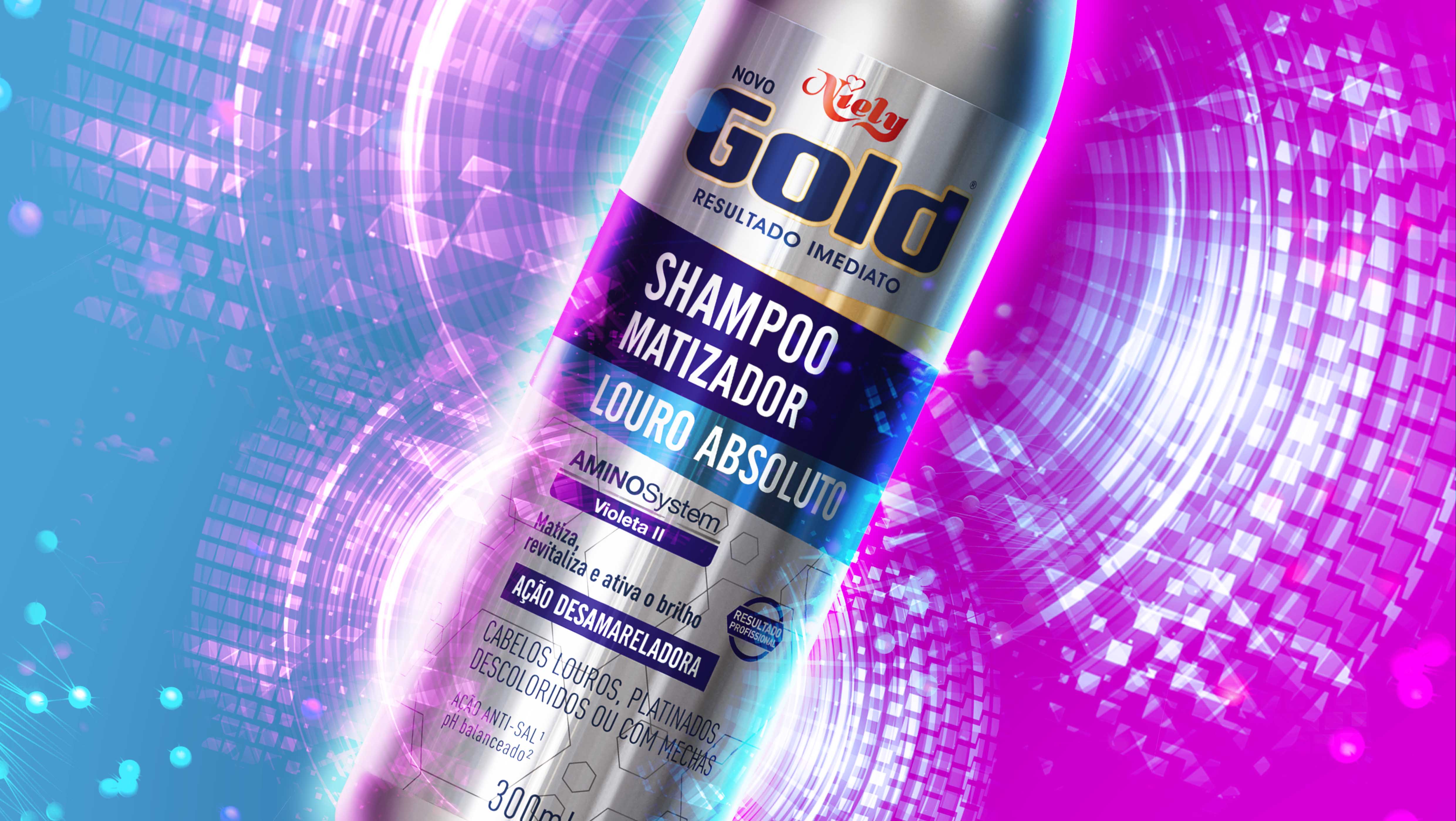 Mockup digital ilustração 3d embalagem shampoo condicionador Niely gold cosméticos